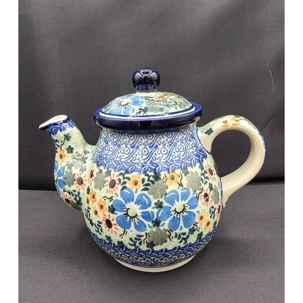 Bolesławiec Hand Painted Stoneware Teapot Floral Unikat Polish Pottery 2198